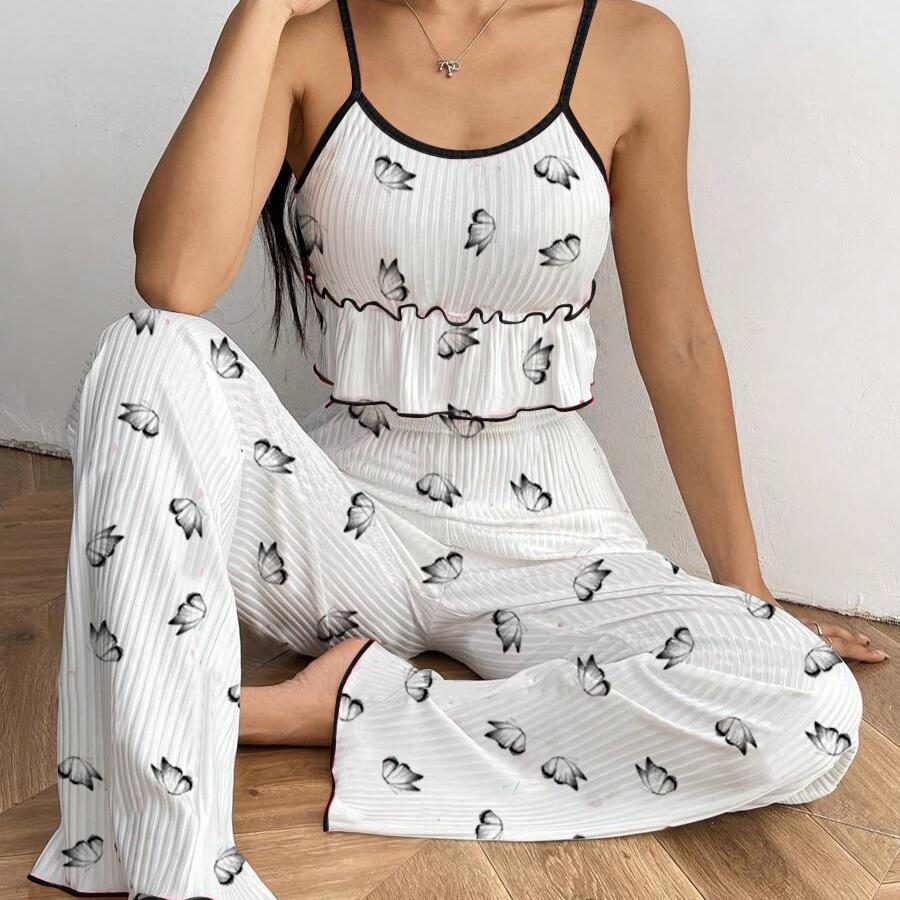 

Summer Sling Pajamas Set Women Pants and Sleeveless Tops Set Round Neck Sleepwear Young Girls Cherry Print Loungewear Homewear Pyjamas XL