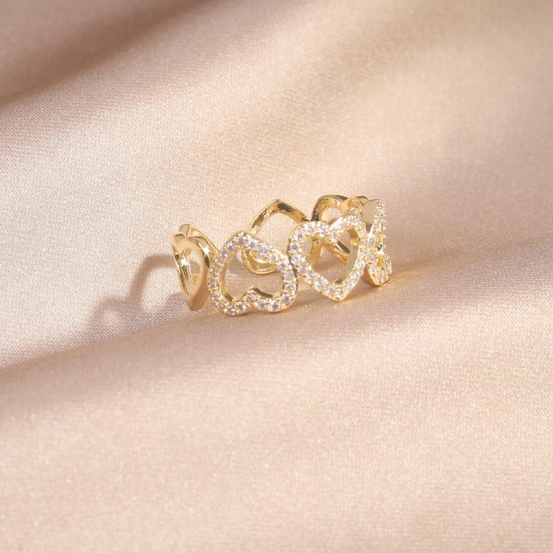Design Fashion Jewelry 14K Real Gold Electroplating Hollow Love Zircon Ring Elegant Women's Opening Adjustable Ring