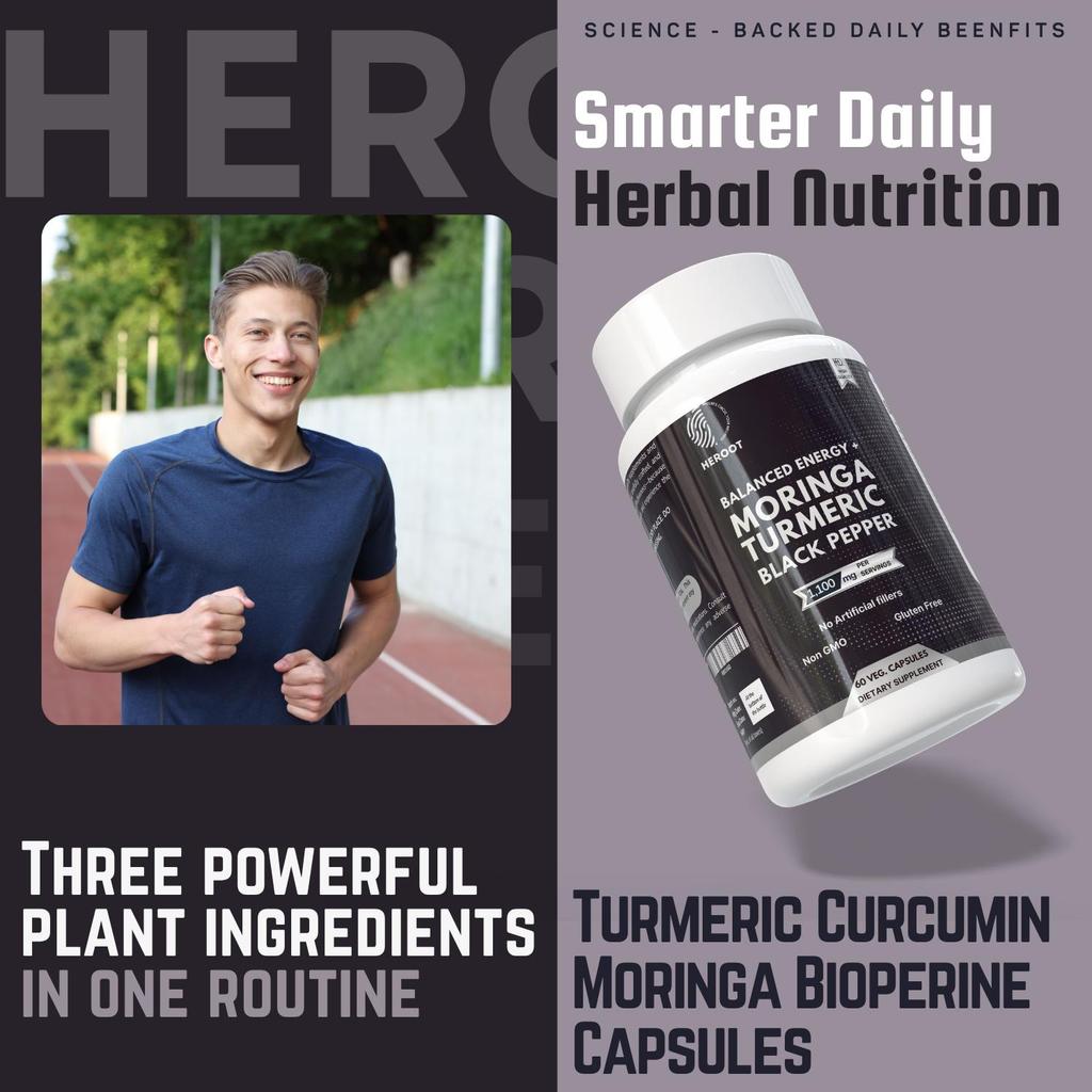 Heroot Kapsułki Kurkuma Moringa i Czarny Pieprz | Mieszanka Ziołowa | 1100mg
