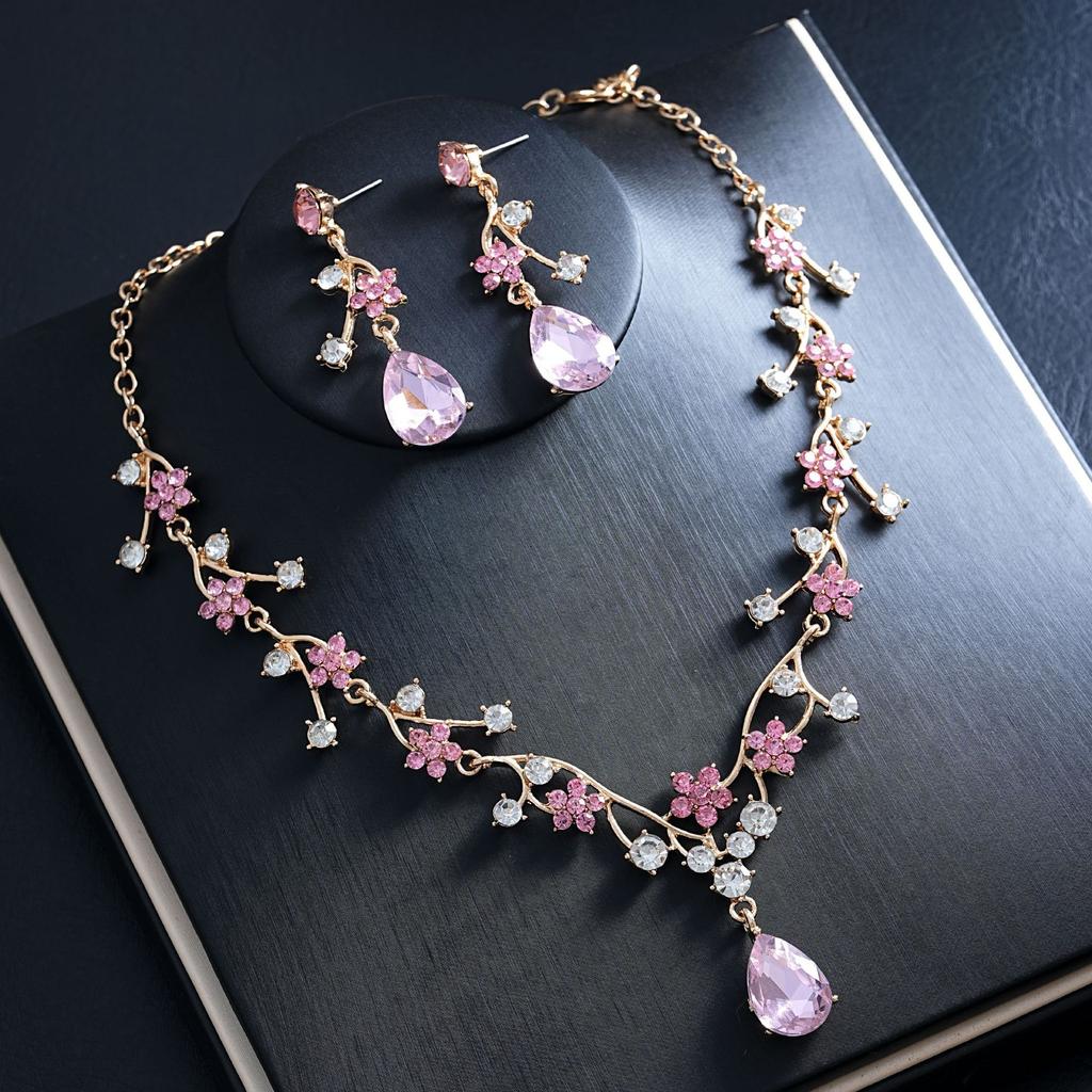 Elegant Pink Floral Rhinestone Jewelry Set for Women Gold Tone Teardrop Pendant Necklace Drop Earrings Bridal Prom Accessories