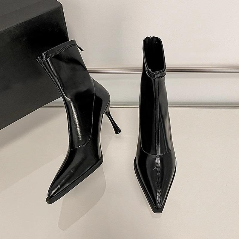 

Autumn Temperament Slim Heel Single Boots Women s Fashion Pointed Toe Rear Zipper Anti-Slip Wear-Resistant Short- 35 чёрный