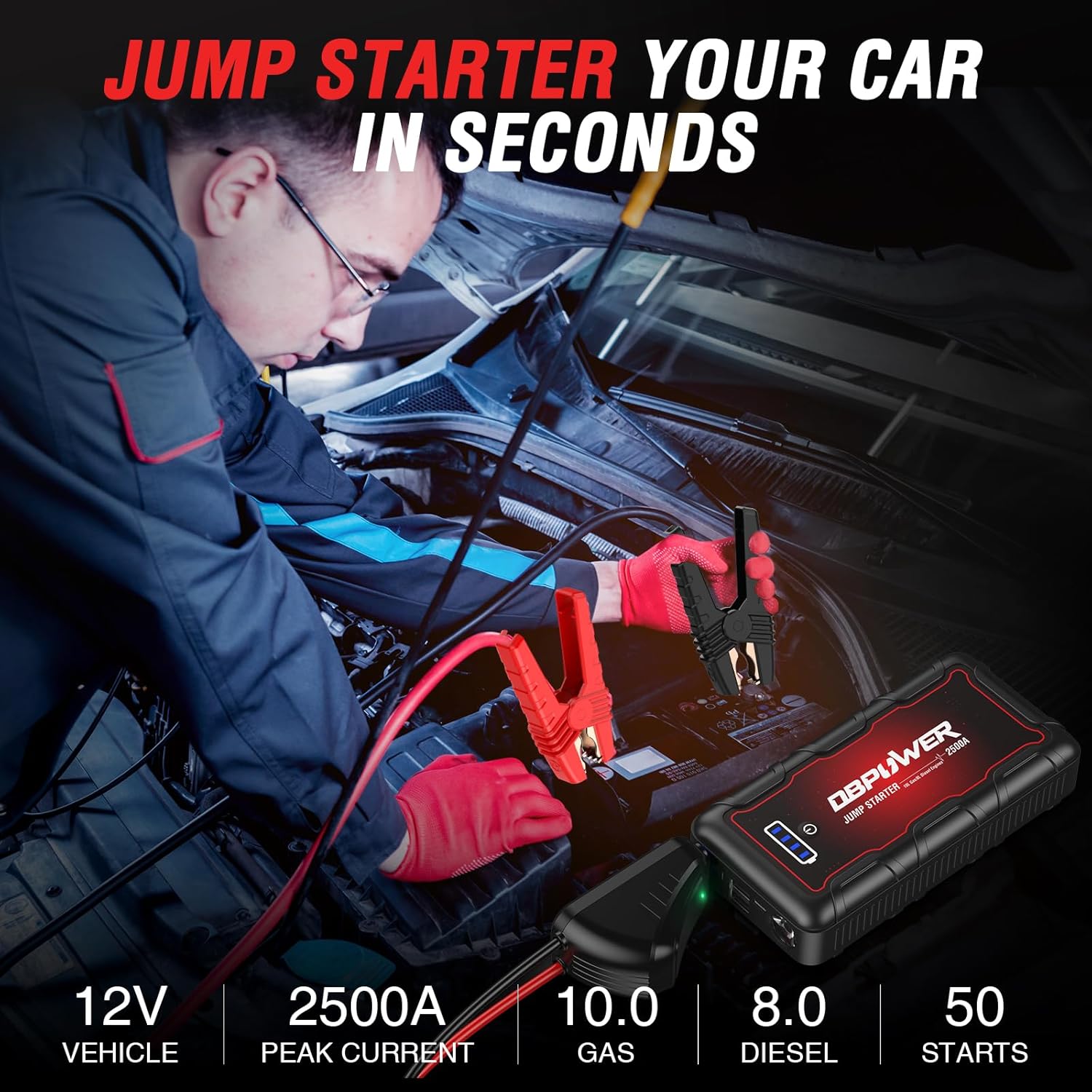 

2500A Peak 74Wh Portable Jump Starter for 12V Cars, Up to 10L Gas/8L Engine, with Smart Clamps, Quick Charger & LED Light United States