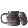 Stainless Steel Liner Wooden Barrel Shape with Lid Mug, Oak Texture Rivet Decorative Beer Mug,