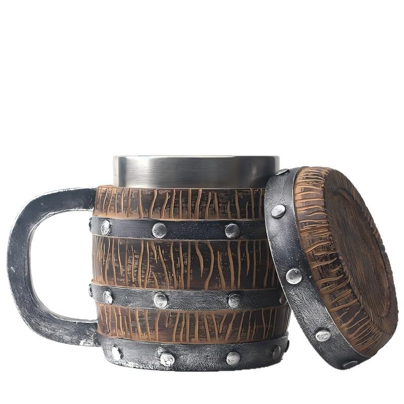 Stainless Steel Liner Wooden Barrel Shape with Lid Mug, Oak Texture Rivet Decorative Beer Mug,