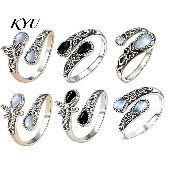 Eleganter Statement-Ring Vintage Faux-Mondstein-Ring, Wassertropfen Falscher Edelstein Verstellbar Offen Damen Heilstein Band Schmuck für Paar,