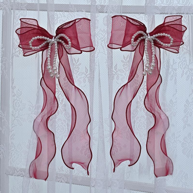 Pearl Accent Bow Tiebacks Curtain Holdbacks Drill-Free Sheer Curtain Clips Adjustable Window Ties Elegant Home Accessories