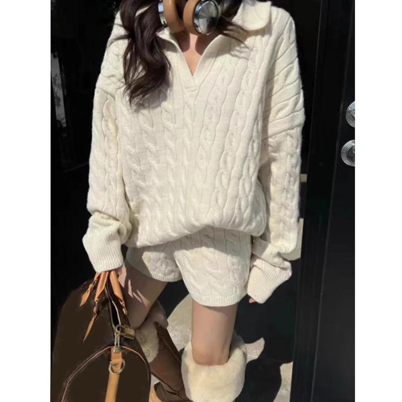 Elegant Fashion Autumn Winter Pullover Women Sweater Knitted Shorts 2 Two Piece Sets Loose Office Outfits Lapel Casual Long Sleeve Tops