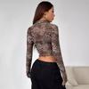 Y2K Leopard Printed Mesh Single-breasted Wooden-ear Rimmed Long-sleeved Short Section Blouses Tops for Women Versatile Closet Essential Fashion Shirt