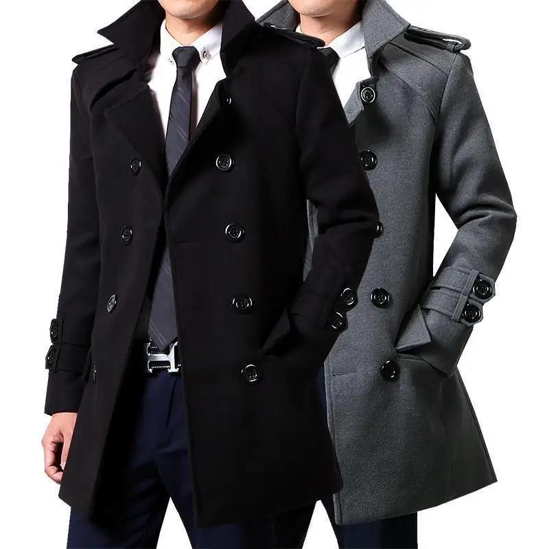Winter Woolen Double-breasted Trench Coat for Men Medium-length Slimming Overcoat British Style