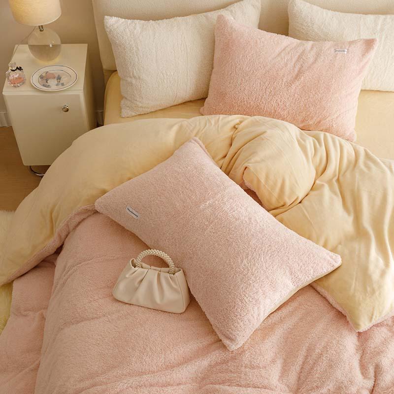 Thickened Milk Fleece Four-Piece Set, Solid Color Coral Fleece Bed Sheet Quilt Cover, Flannel Bed Three-Piece Set