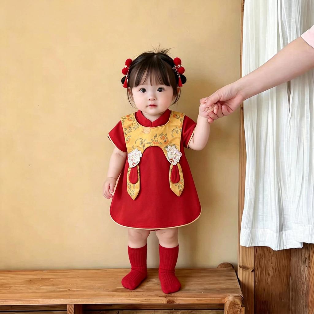 Nové čínské letní tenké šaty s krátkým rukávem pro holčičku, outfit na oslavu prvních narozenin