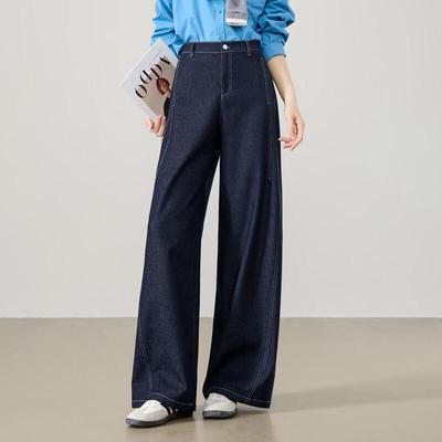 ESE-Y Women's High-Waisted Faux Denim Wide-Leg Side-Split Pants
