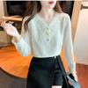 V-neck Lace Chiffon Top Spring Autumn New Loose Women's Clothing Solid Color Long Sleeve Bottoming Shirt