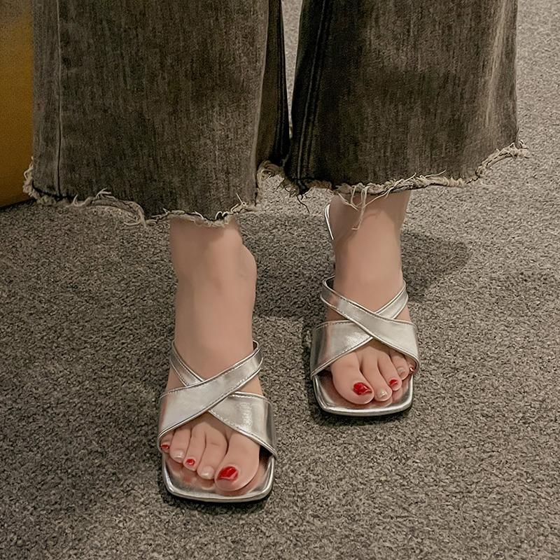 Fashion French High-heeled Niche Slippers for Women's Summer New All-match Outward Wear Square-toe Open-toe Cool Mop