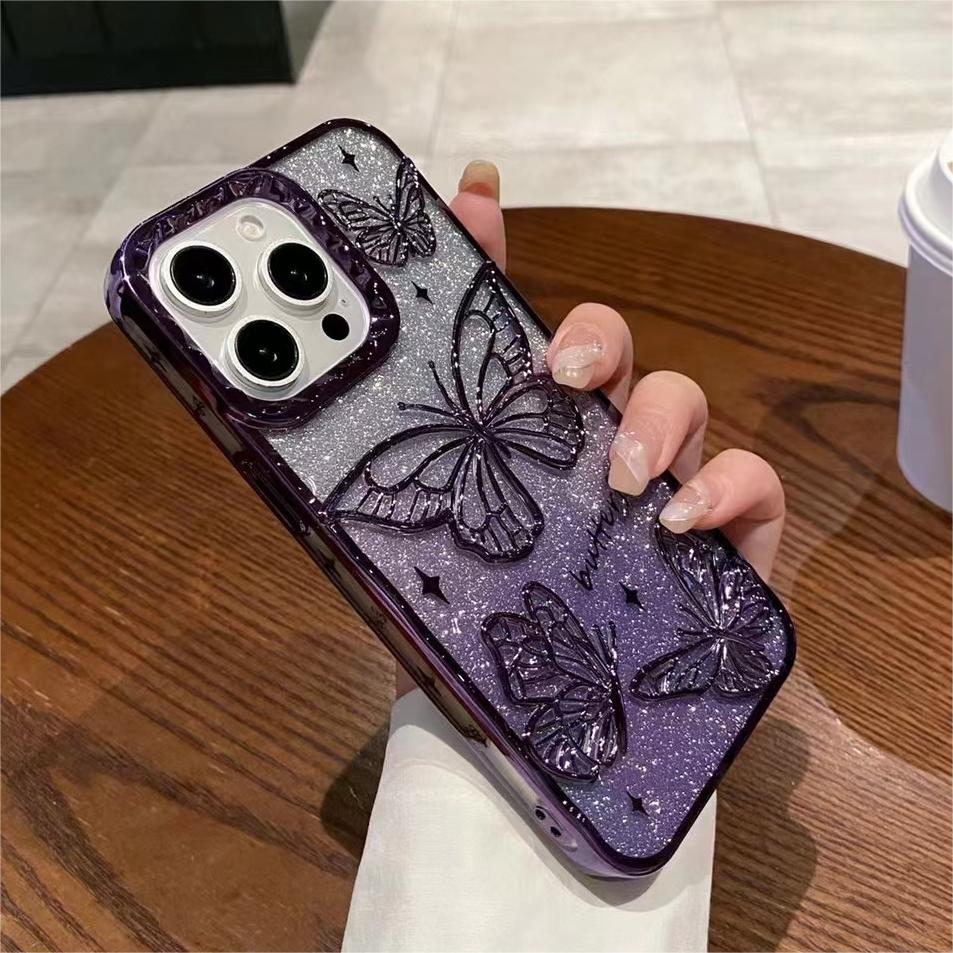 3D Třpytivý Motýlek s Tekutým Pískem Gradientní Pouzdro Pro iPhone 17 16 15 14 13 12 11 Pro Max Plus Air Plating Nárazuvzdorný Kryt