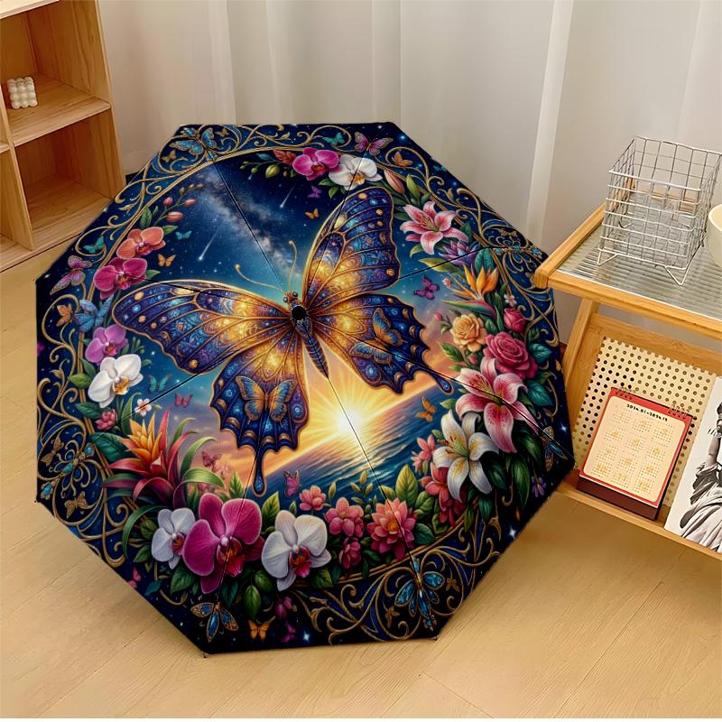 

Stained Glass Moth and Moon Printed umbrella windproof folding umbrella portable sun and rain umbrella suitable for gifting