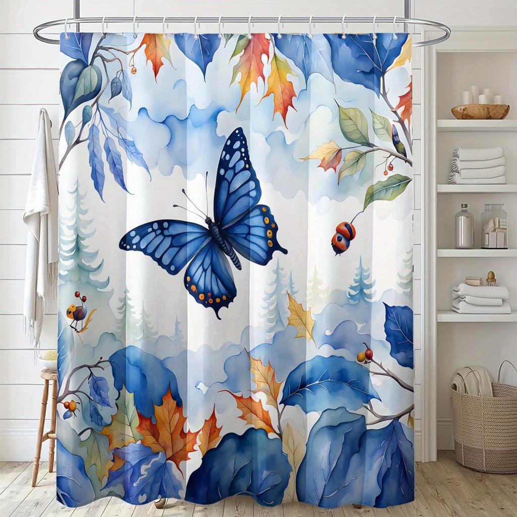 1Pc Blue Butterfly Insect Maple Leaf Autumn Print Shower Curtain, Polyester Fabric, With Hook, Universal For All Seasons