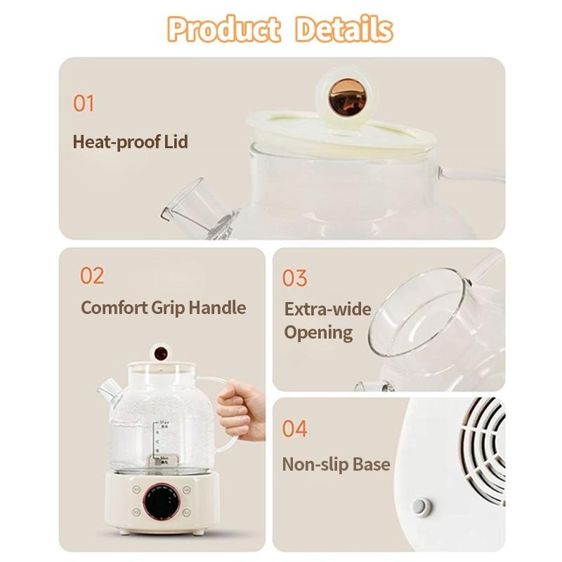 Bouilloire Bien-être Entièrement en Verre Grande Capacité 1,2L Bouilloire Santé à Température Constante Théière à Fleurs Multifonctionnelle Ménagère