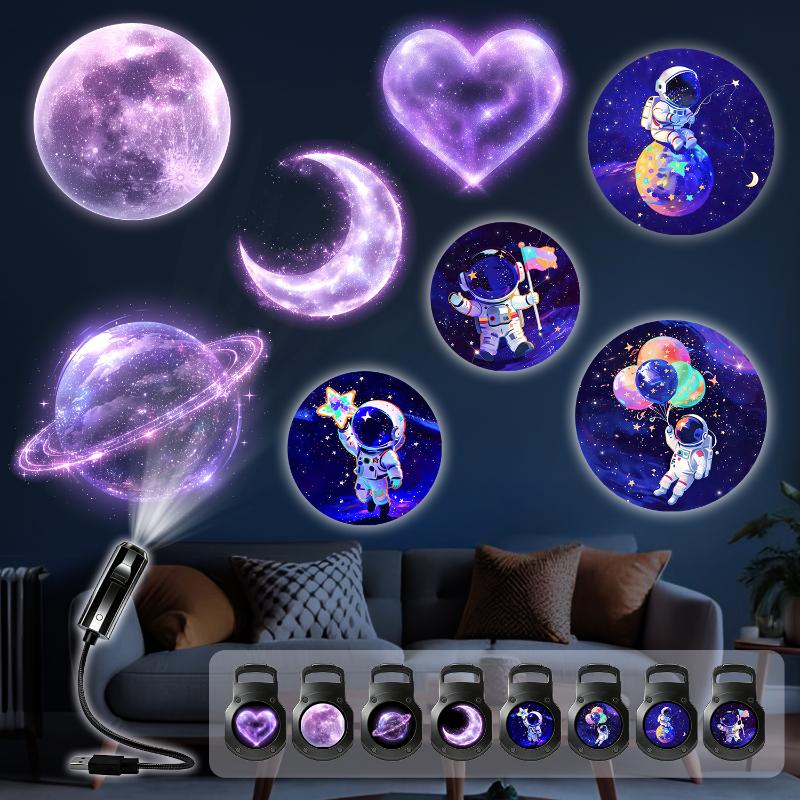 8pcs LED USB Projector Light Multicolor Planets Hearts Moon Astronaut Patterns Ambient Bedroom Living Room Night Light
