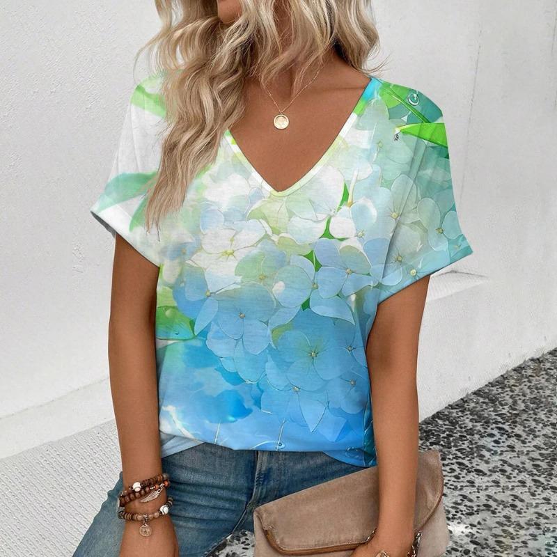 Sommer Teich Lotus 3D Druck T-Shirt Damen Streetwear Lässige T-Shirts Y2k Oberteile Frau Harajuku V-Ausschnitt T-Shirts Übergroße Kleidung