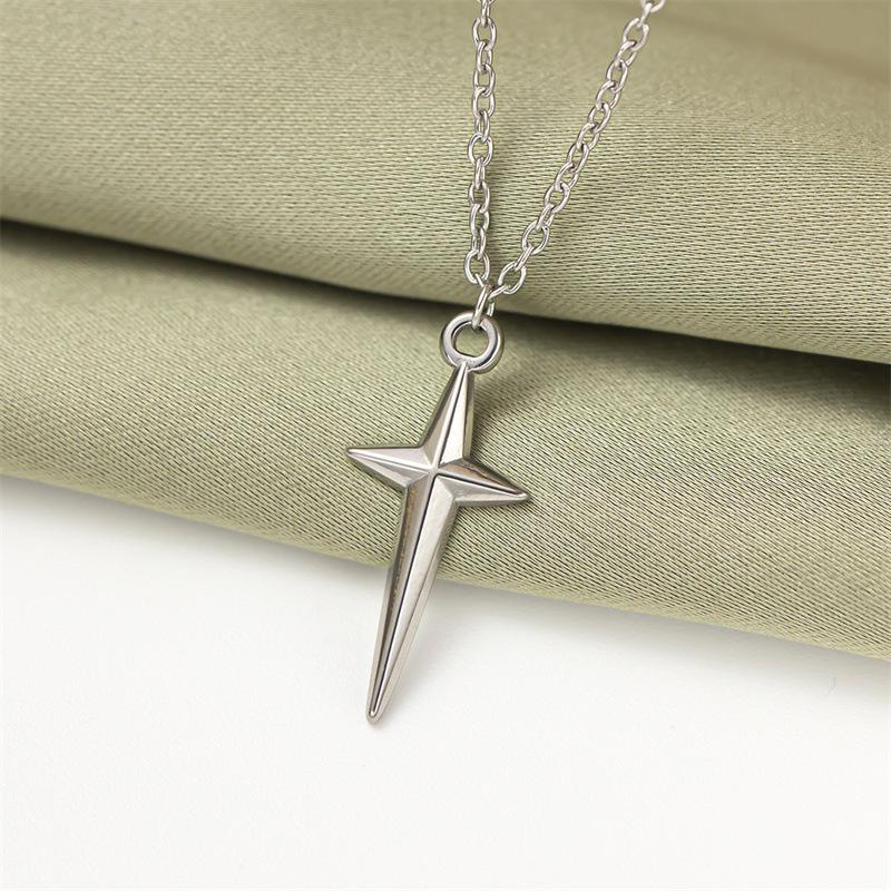 Stainless Steel Layered Necklace with Simple Four-pointed Star and Cross Pendant серебряный