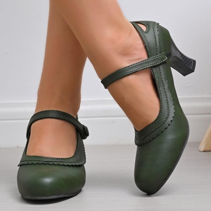 Women Pumps Casual Mary Jane Shoes Solid Color Round Toe Shoes Buckle Strap Leather Sandals Footwear High Heels Women Shoes
