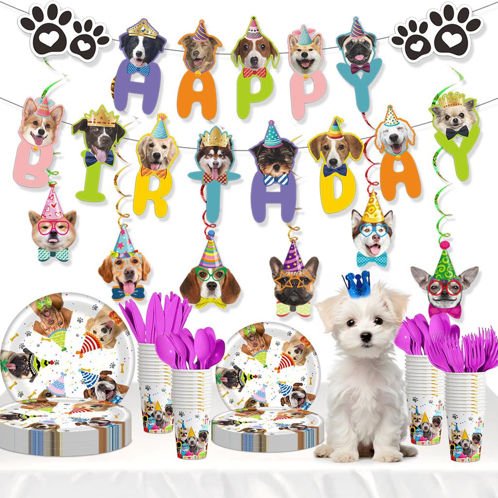 Pet Birthday Theme Party Decoration Dog Cartoon Flag Latte Paper Cup Plate
