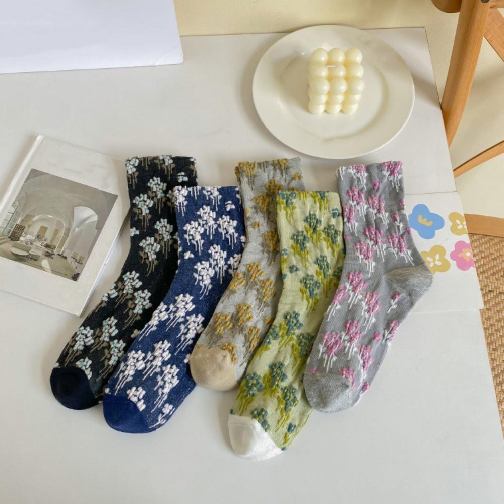 

5Pairs Patchwork Floral Short Socks Breathable Retro Socks Fashion Mid Tube Socks Female 5Pairs