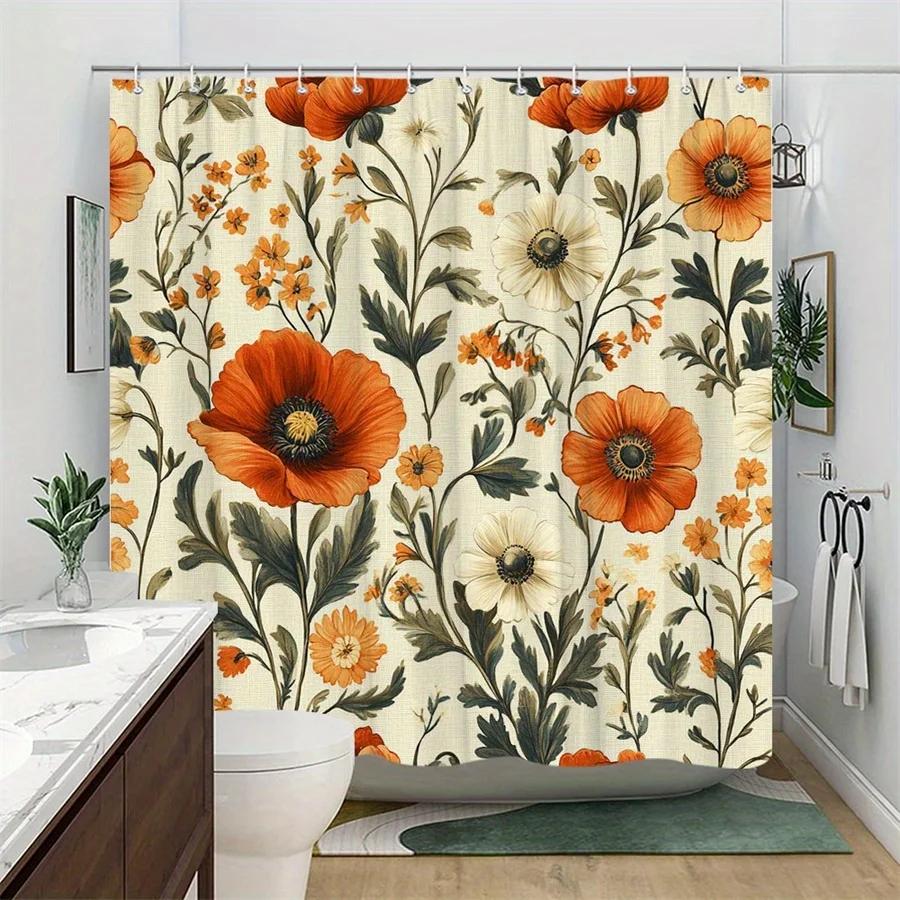 1Pc Orange Poppies & White Daisies Shower Curtain - Vibrant Digital Floral Design On Soft Cream Canvas, Durable Polyester Fabric
