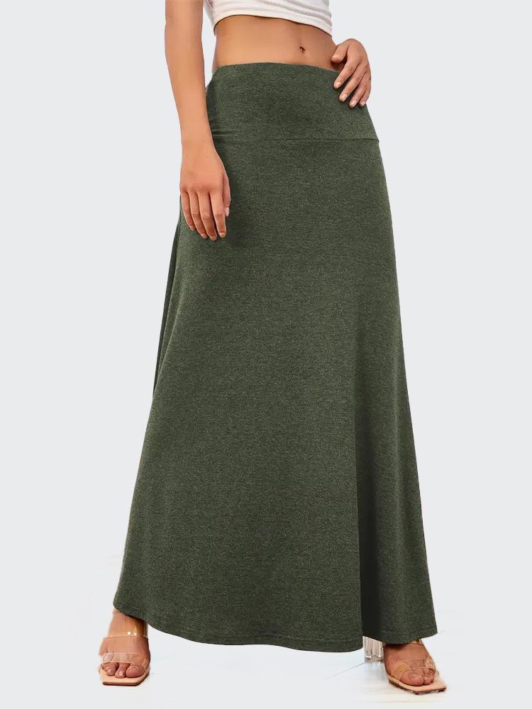 European & American Commuter A-Line Midi Skirt - Solid Color, Knit, Polyester-Cotton, Micro-Elastic, Spring/Autumn Wear