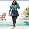 Women's Printed Zipper One-Piece Skirt Swimsuit with Long Sleeves - Plus Size Available