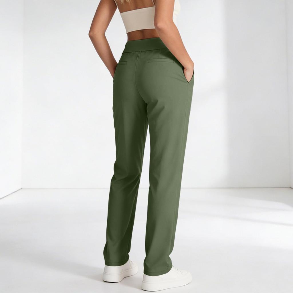 Women's Fashionable Color High Waisted Elastic Straight Leg Casual Pants With Pockets, Yoga And Fitness Pants
