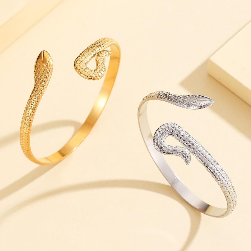 Retro Punk Coiled Snake Open Stainless Steel Gold-Plated Women’s Bracelet