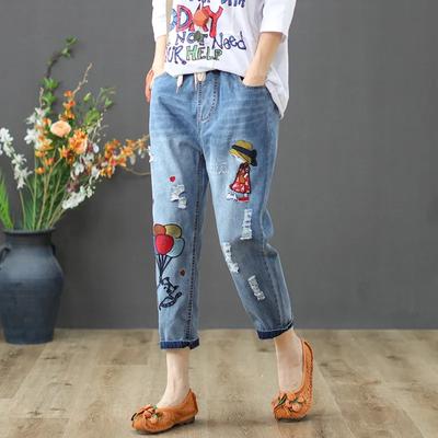 Vyšívanie Vrecovité džínsy s dĺžkou po členky Elastické Capris s vysokým pásom Šnurovacie Harem Denim Nohavice Ženy Plus veľ.