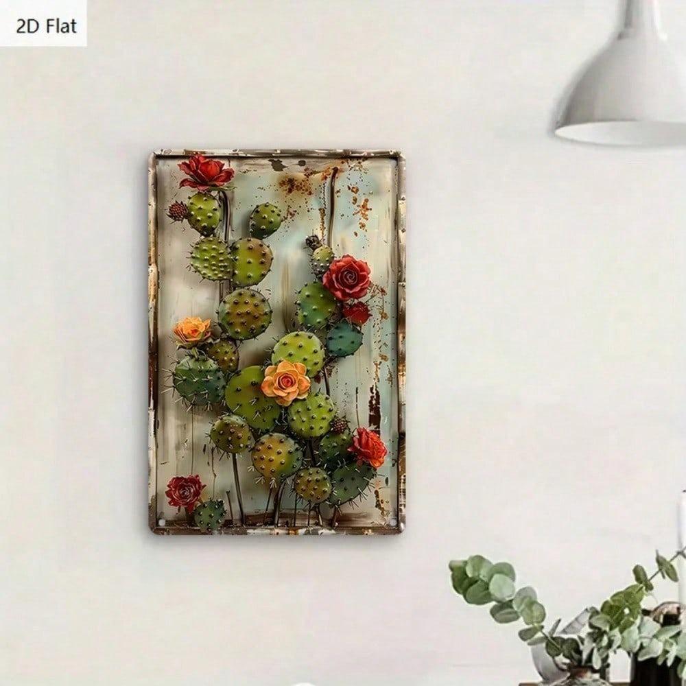 Vintage Metal Wall Art Rustic Tin Sign Cactus Flower Retro Decor