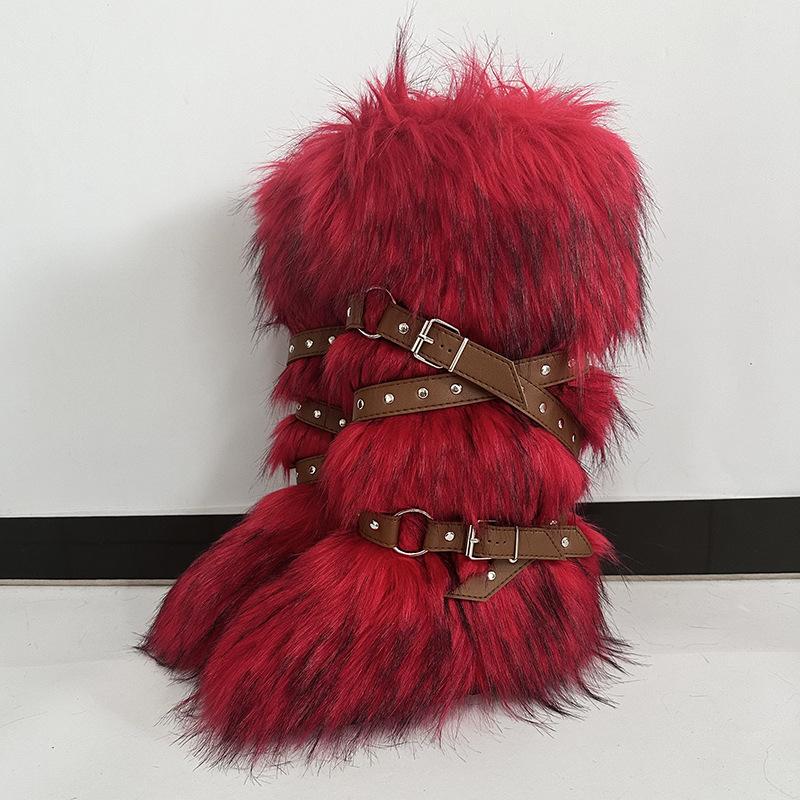 Damen Winterimitat Fuchsfell Stiefel Gürtel Punk Europäisch und Amerikanisch hoher Schaft 40 langer Schaft Schneestiefel Schuhe