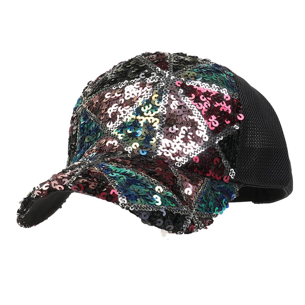 Fashion Ladies Mixed‑Color Sequin Trucker Cap, Geometric Lattice Mesh Back Peaked Hat, Adjustable Sun Protection Baseball Hat for Vacation Club