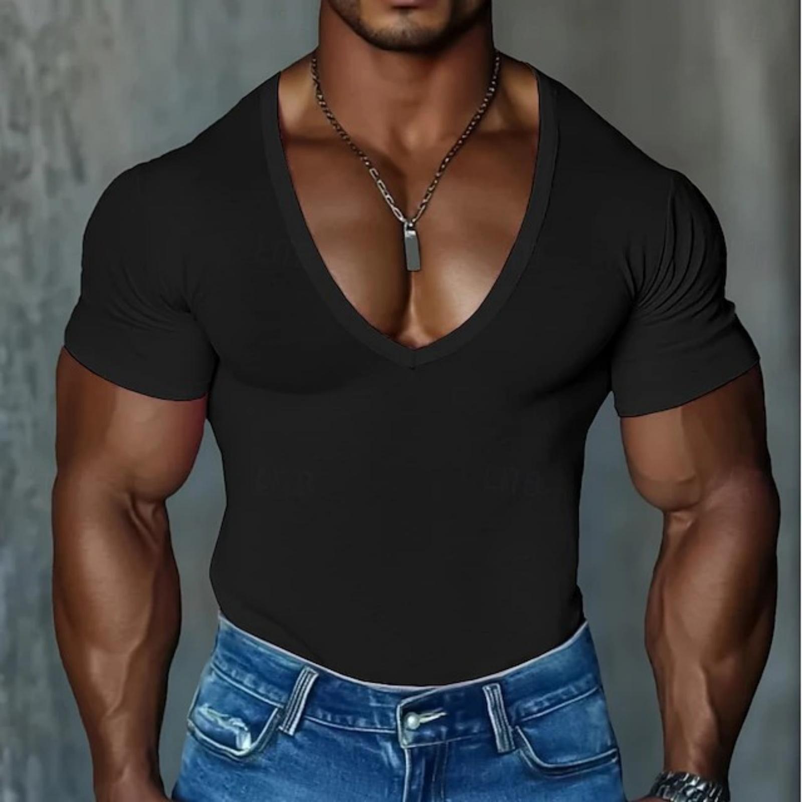 

Men s Casual Short-sleeved V-neck T-shirt - Men s Slim-fit Breathable Fitness Sports Short-sleeve Shirt L чёрный