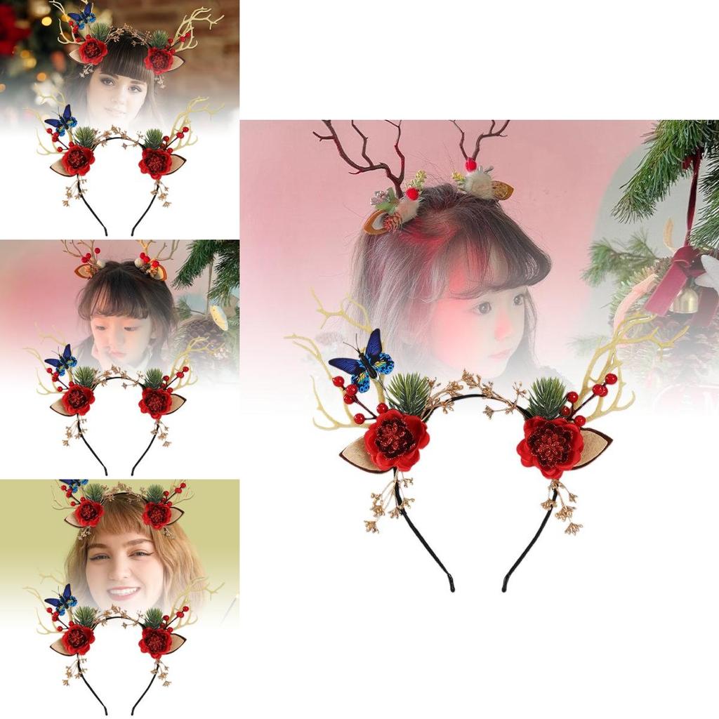 Enchanting Forest Style Antler Headband With Faux Flowers For Christmas Celebrations