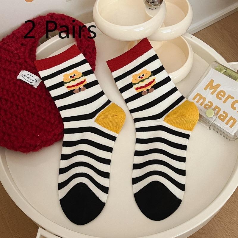 2 Pairs of Autumn and Winter Non-stretch Cotton Socks, Children's Combed Cotton Potato Chip Hamburger Dog Mid-calf Student Socks
