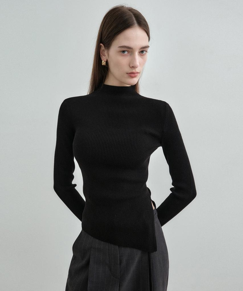 MONGDOL Half Neck Slit Ribbed Knit Mdkt121_5 Colors