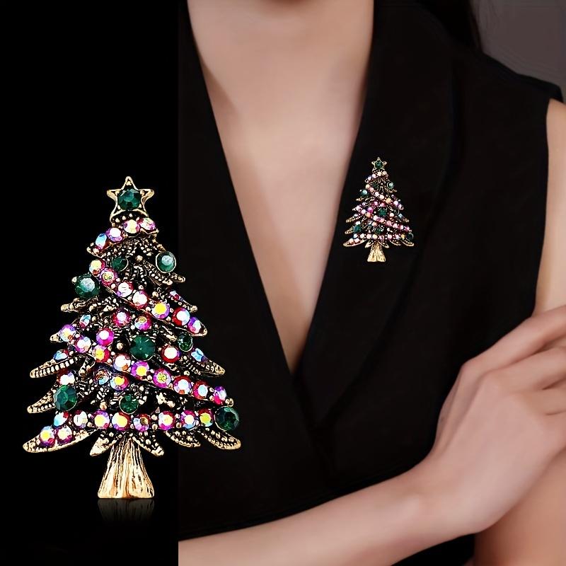 Vintage Christmas Tree Brooch Pin with Green Gemstones & Golden Accents - Elegant Accessory for Dresses Coats Scarves - Festive Jewelry Gift for Women