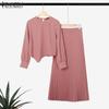 ZANZEA Women Long Sleeve Blouse and Long Pleated Skirts Casual Two Piece Suit Sets