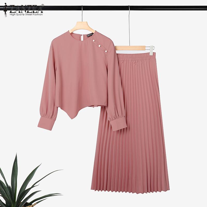 ZANZEA Women Long Sleeve Blouse and Long Pleated Skirts Casual Two Piece Suit Sets