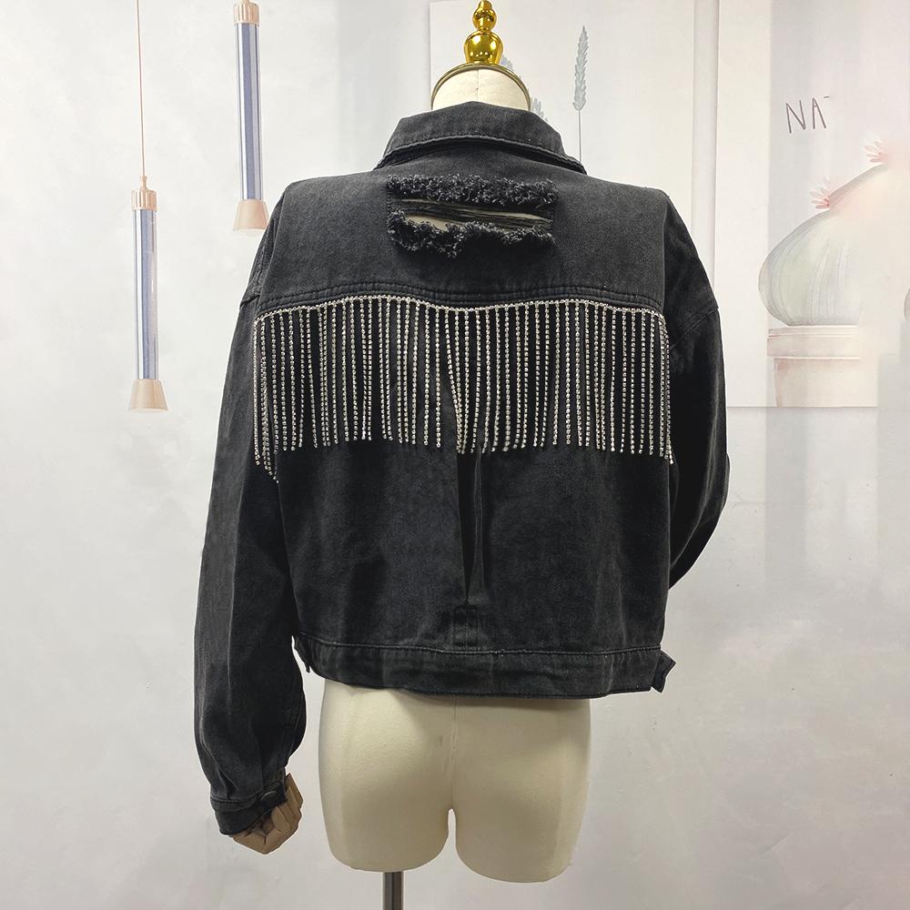 FiveFive Giacca di Jeans da Donna a Maniche Lunghe con Nappe di Strass sul Retro, Larga, Strappata, con Fori