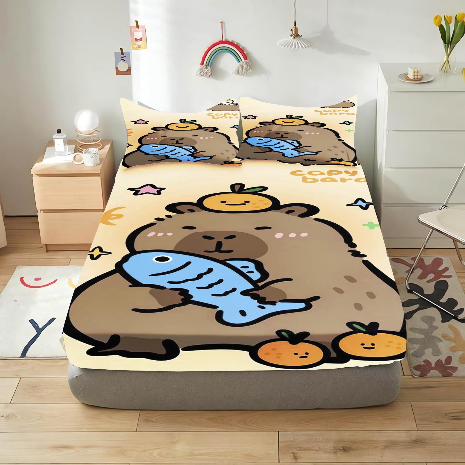 Capibara Rajzfilm Felsőtányér Gyerekeknek Aranyos Digitális Nyomtatás Borító Baba Tinédzser Ágyneművel Borító Gumis Ágynemű 106x190x25cm