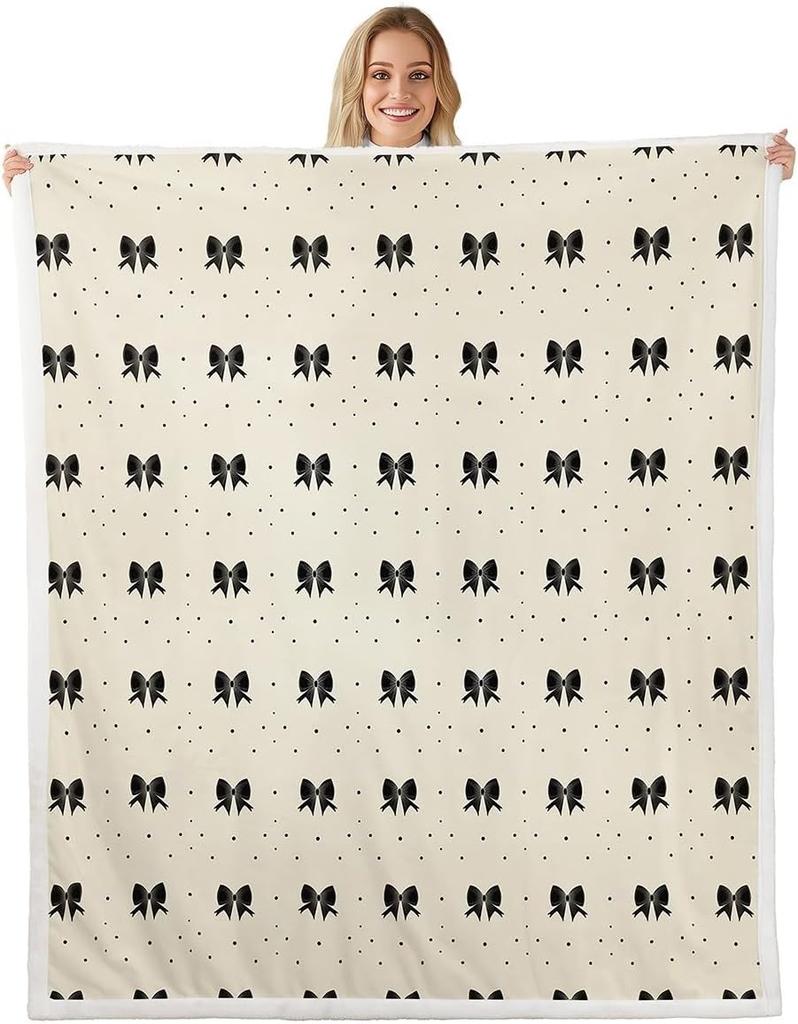 Blue Bow Pattern Blanket Soft Fleece Throw Elegant Home Decor Gift for Women Girls Bedroom Bedding Cover