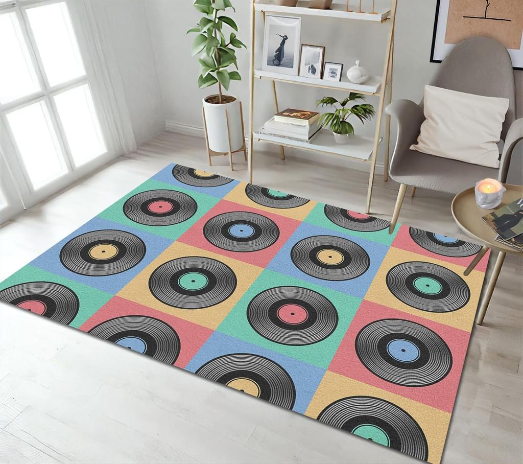 Record Area Rug CD Card Living Room Rugs Vintage Disc Print Decor Doormat Music Theme Carpet Non Slip Soft Indoor Floor Mat