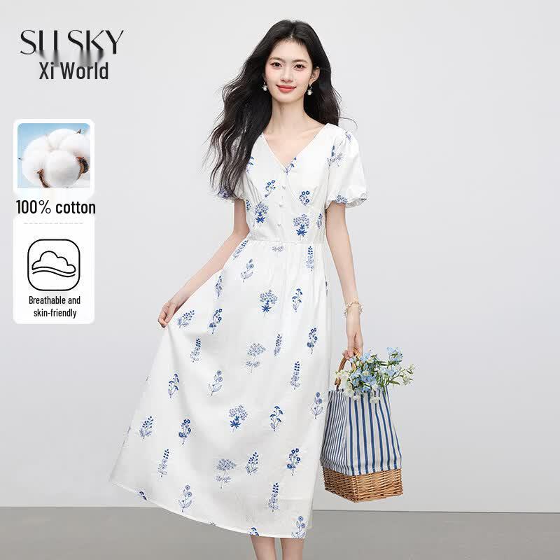 SLLSKY Embroidered V-Neck Cotton Dress S
