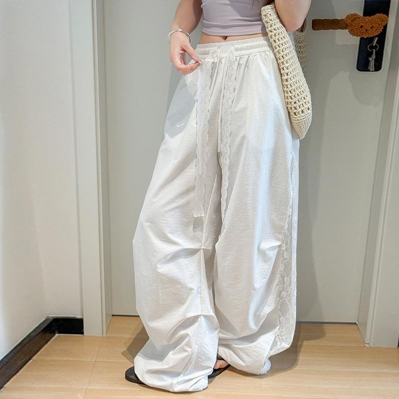 Lace Splicing Hollow Quick-drying Overalls Women s Summer Thin High-waisted Thin Loose White Wide-leg Pants S
